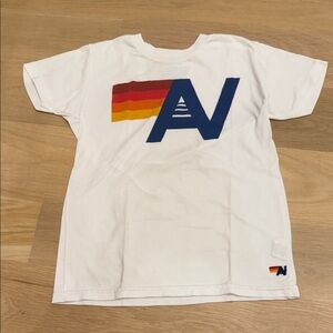 Aviator Nation White Tee with Blue and Red-Orange Graphic